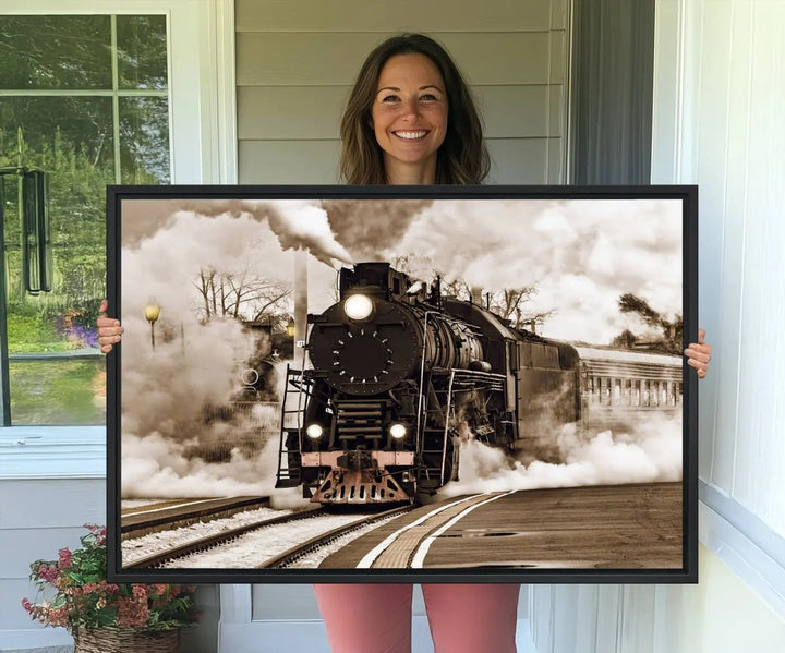 A Black Steam Train Canvas Wall Art is displayed, printed on museum-quality pollycotton.