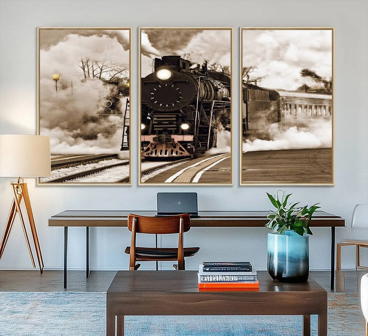 A Black Steam Train Canvas Wall Art is displayed, printed on museum-quality pollycotton.