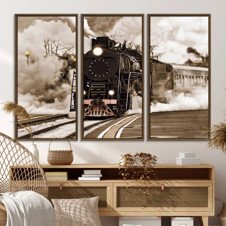 A Black Steam Train Canvas Wall Art is displayed, printed on museum-quality pollycotton.