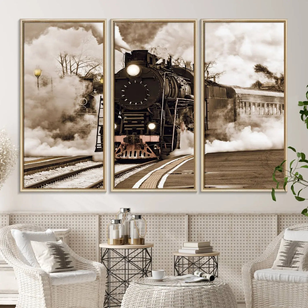 A Black Steam Train Canvas Wall Art is displayed, printed on museum-quality pollycotton.