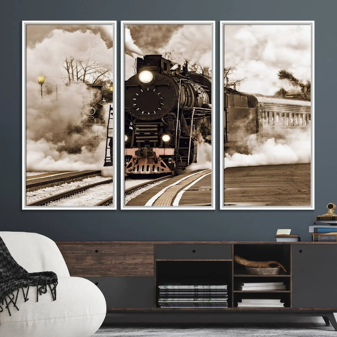 A Black Steam Train Canvas Wall Art is displayed, printed on museum-quality pollycotton.