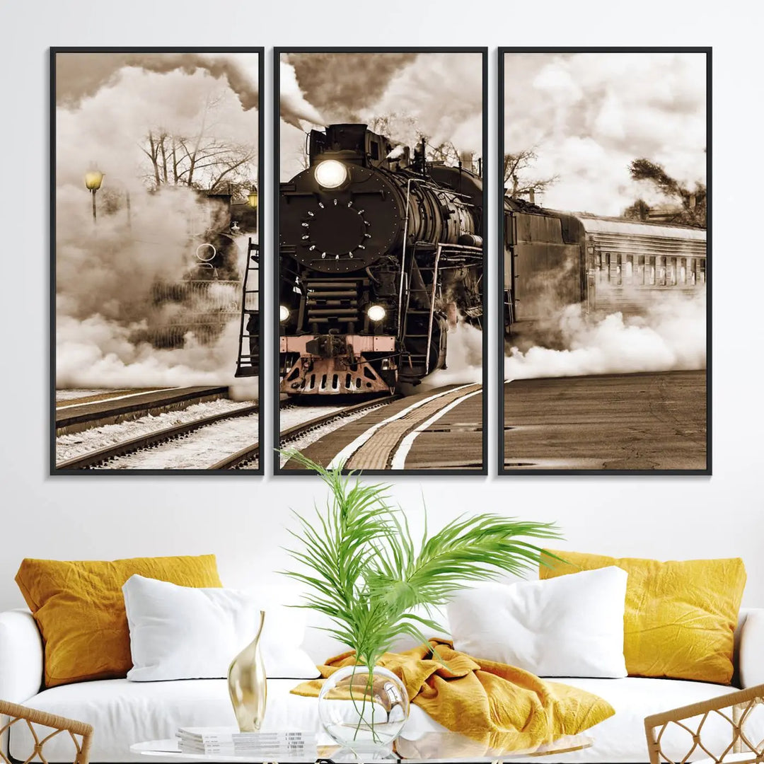 A Black Steam Train Canvas Wall Art is displayed, printed on museum-quality pollycotton.