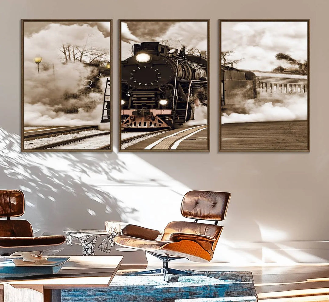 A Black Steam Train Canvas Wall Art is displayed, printed on museum-quality pollycotton.