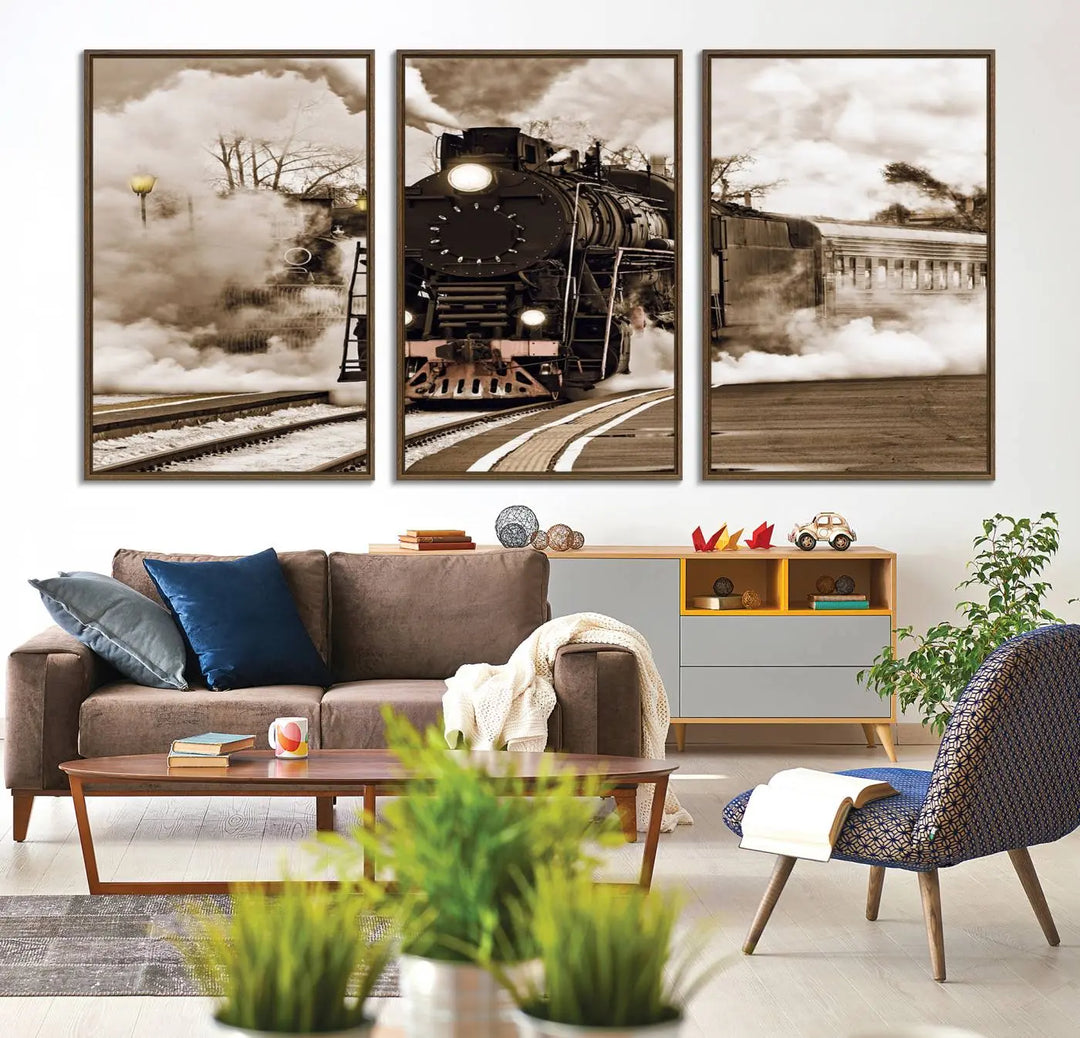 A Black Steam Train Canvas Wall Art is displayed, printed on museum-quality pollycotton.