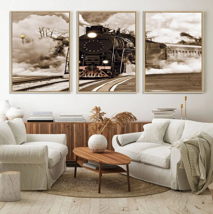 A Black Steam Train Canvas Wall Art is displayed, printed on museum-quality pollycotton.