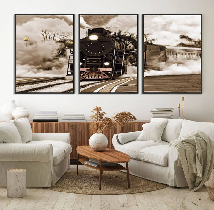 A Black Steam Train Canvas Wall Art is displayed, printed on museum-quality pollycotton.