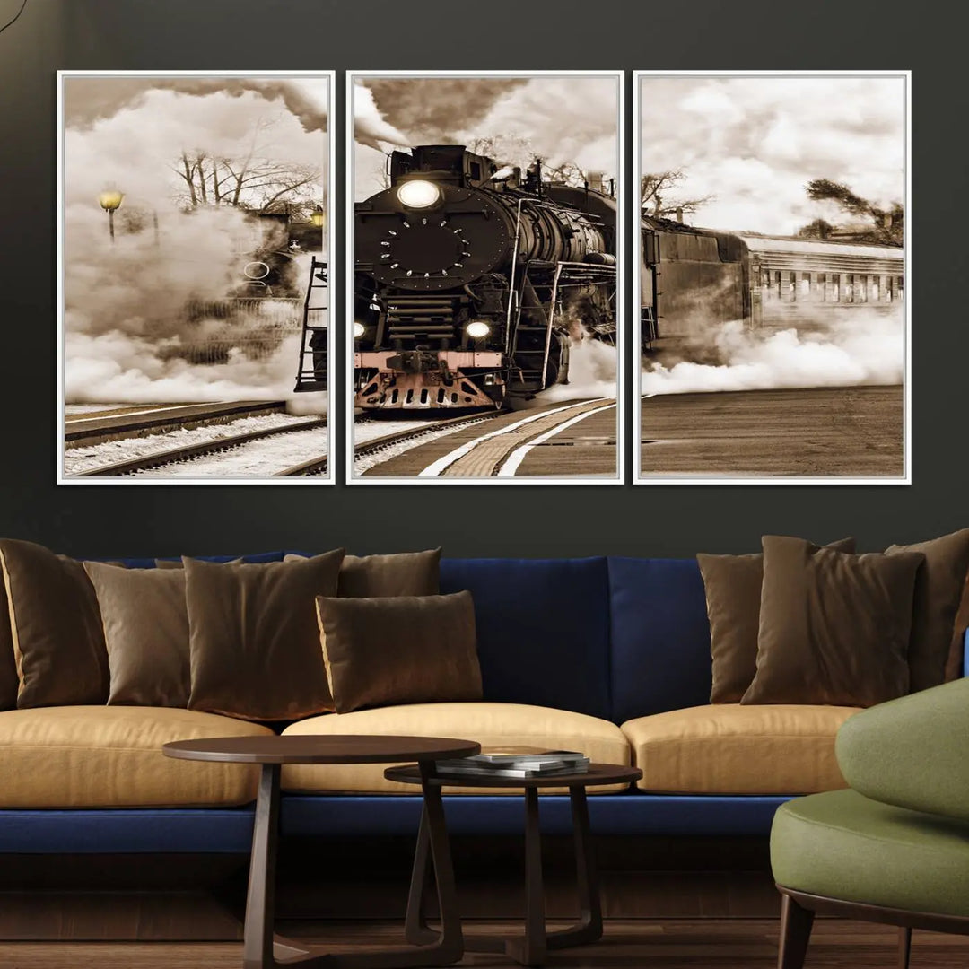 A Black Steam Train Canvas Wall Art is displayed, printed on museum-quality pollycotton.