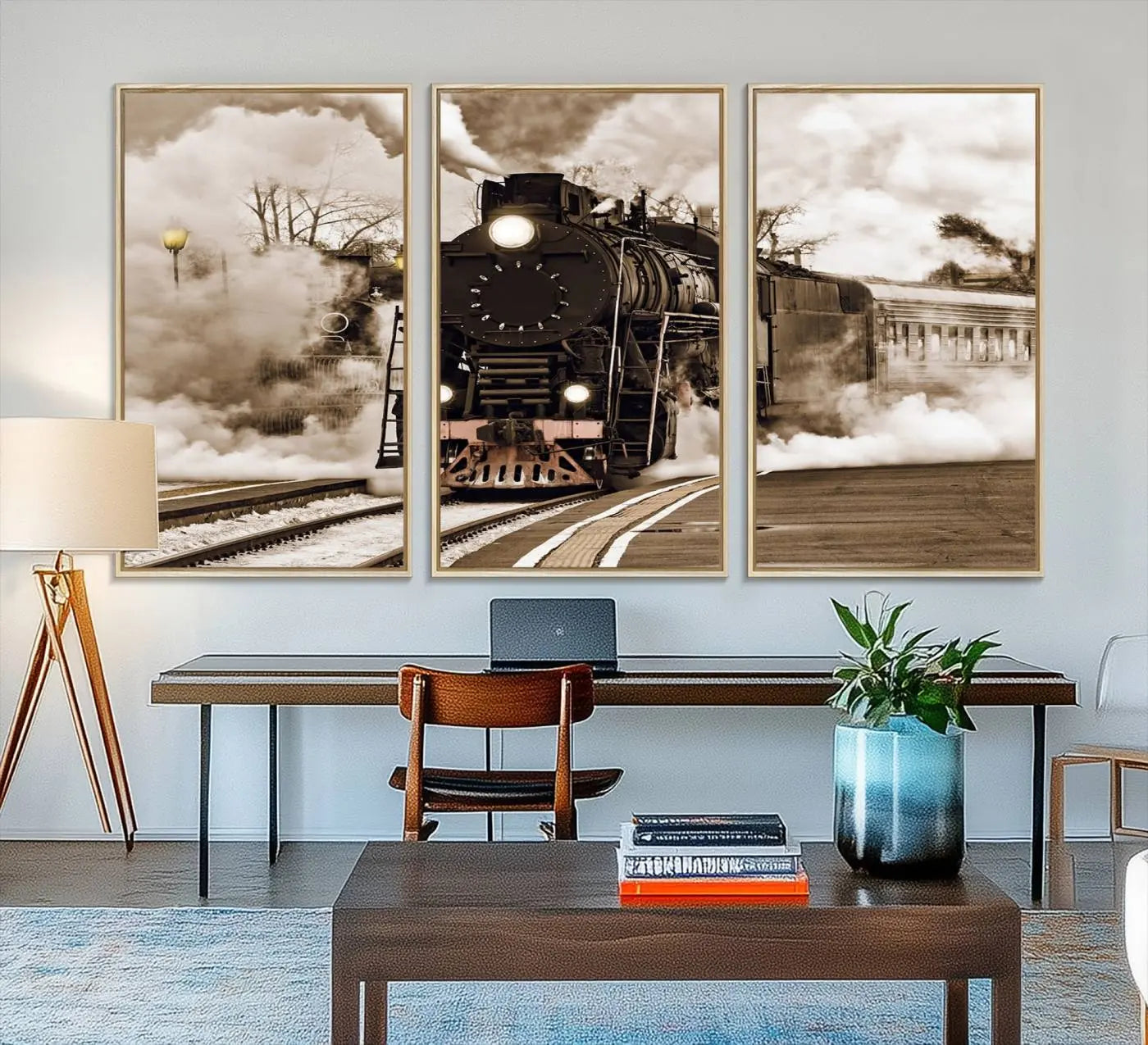 31136-MGV-FC-48X32-3P_Natural-Black Steam Train Canvas Wall Art Print Steam Locomotive Art Canvas
