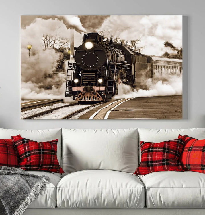 Black Steam Train Canvas Wall Art Print showcases a steam locomotive in a triptych design. This piece, expertly hand-assembled using museum-quality polycotton, offers an elegant enhancement to your space. Enjoy free shipping on this striking vintage train artwork.