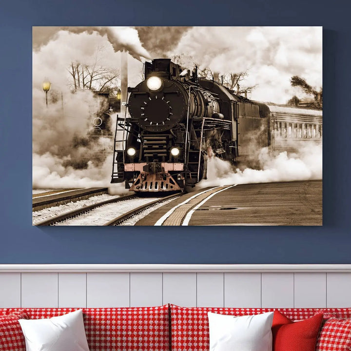 Black Steam Train Canvas Wall Art Print showcases a steam locomotive in a triptych design. This piece, expertly hand-assembled using museum-quality polycotton, offers an elegant enhancement to your space. Enjoy free shipping on this striking vintage train artwork.