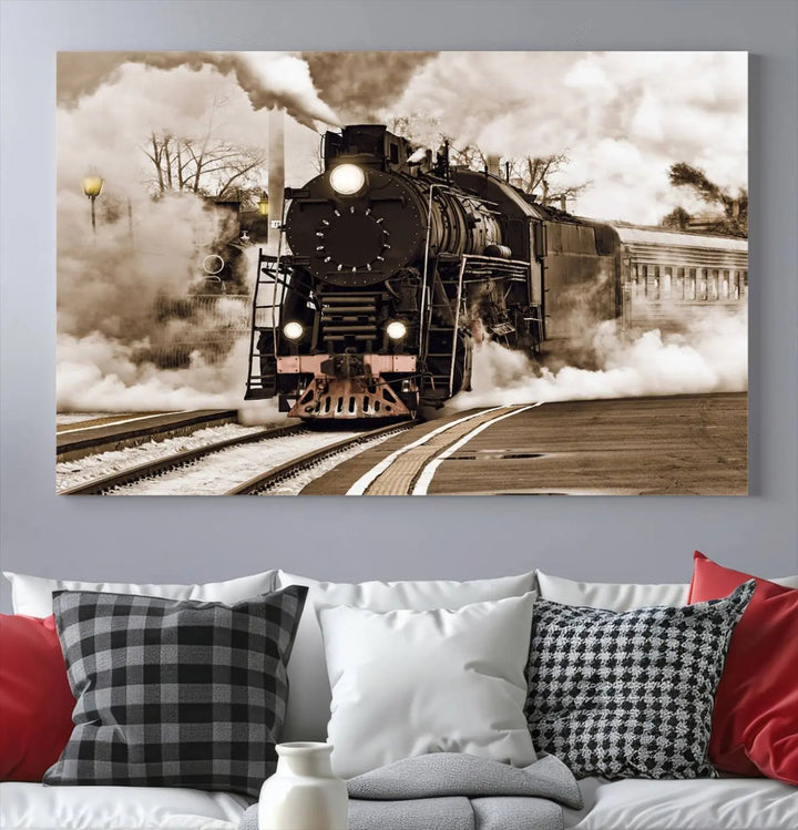 Black Steam Train Canvas Wall Art Print showcases a steam locomotive in a triptych design. This piece, expertly hand-assembled using museum-quality polycotton, offers an elegant enhancement to your space. Enjoy free shipping on this striking vintage train artwork.