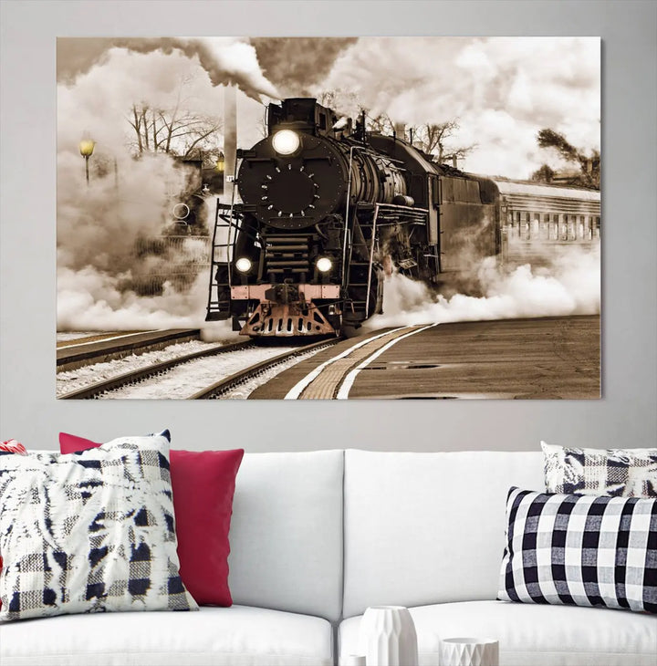 Black Steam Train Canvas Wall Art Print showcases a steam locomotive in a triptych design. This piece, expertly hand-assembled using museum-quality polycotton, offers an elegant enhancement to your space. Enjoy free shipping on this striking vintage train artwork.