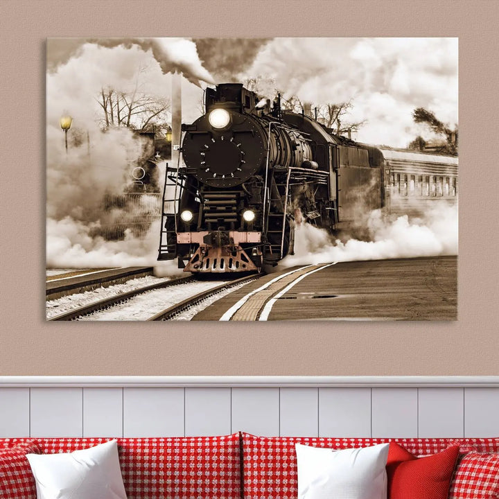 Black Steam Train Canvas Wall Art Print showcases a steam locomotive in a triptych design. This piece, expertly hand-assembled using museum-quality polycotton, offers an elegant enhancement to your space. Enjoy free shipping on this striking vintage train artwork.