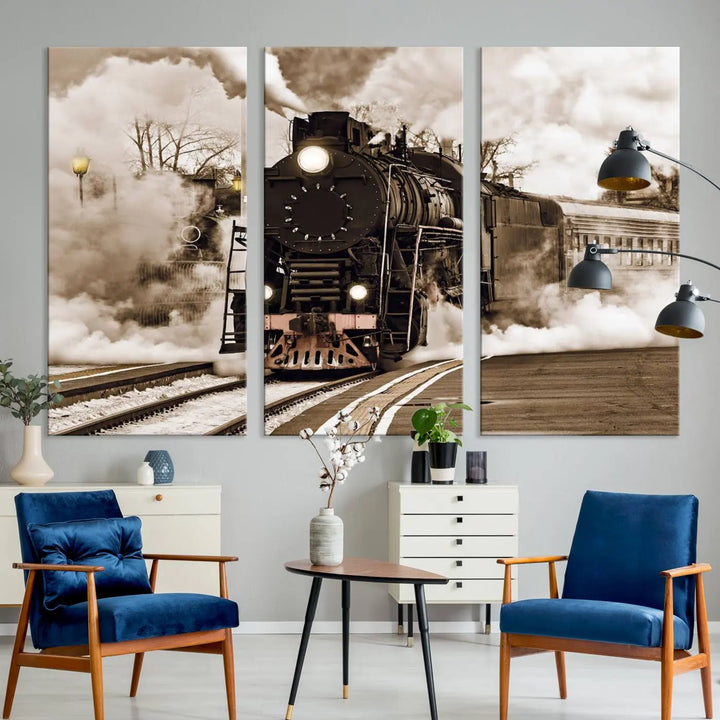 Black Steam Train Canvas Wall Art Print showcases a steam locomotive in a triptych design. This piece, expertly hand-assembled using museum-quality polycotton, offers an elegant enhancement to your space. Enjoy free shipping on this striking vintage train artwork.