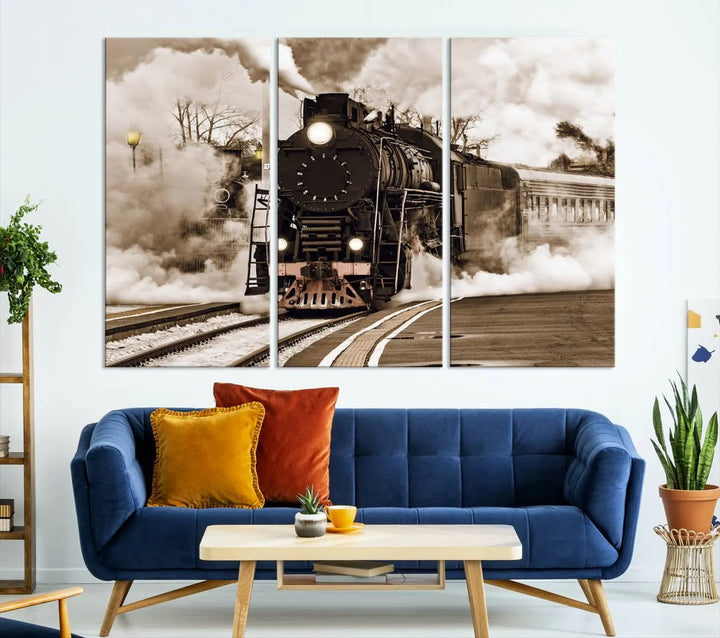 Black Steam Train Canvas Wall Art Print showcases a steam locomotive in a triptych design. This piece, expertly hand-assembled using museum-quality polycotton, offers an elegant enhancement to your space. Enjoy free shipping on this striking vintage train artwork.