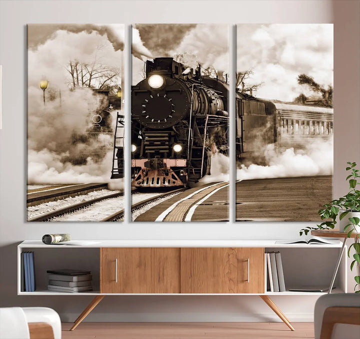 Black Steam Train Canvas Wall Art Print showcases a steam locomotive in a triptych design. This piece, expertly hand-assembled using museum-quality polycotton, offers an elegant enhancement to your space. Enjoy free shipping on this striking vintage train artwork.