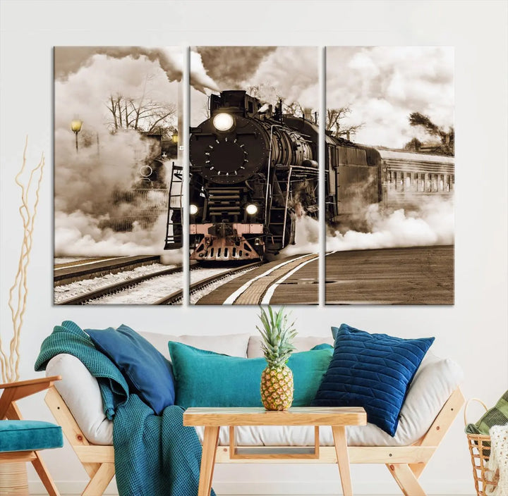 Black Steam Train Canvas Wall Art Print showcases a steam locomotive in a triptych design. This piece, expertly hand-assembled using museum-quality polycotton, offers an elegant enhancement to your space. Enjoy free shipping on this striking vintage train artwork.