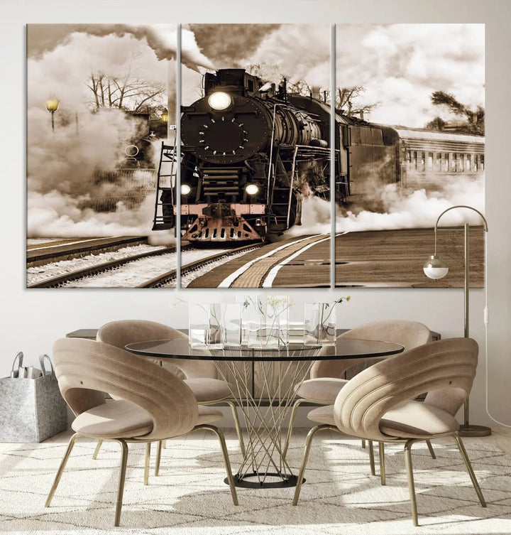 Black Steam Train Canvas Wall Art Print showcases a steam locomotive in a triptych design. This piece, expertly hand-assembled using museum-quality polycotton, offers an elegant enhancement to your space. Enjoy free shipping on this striking vintage train artwork.