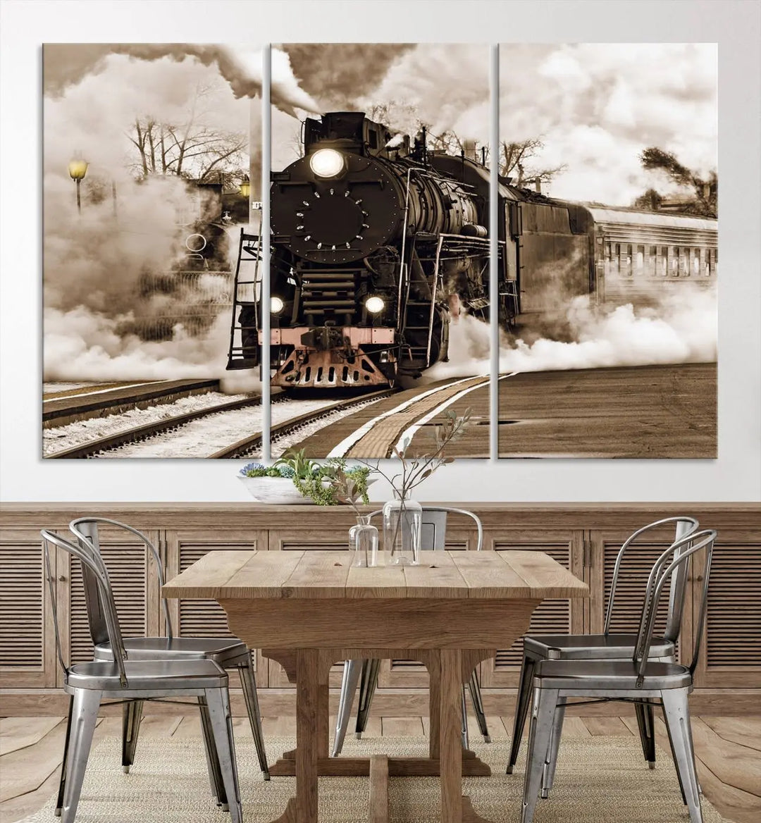 Black Steam Train Canvas Wall Art Print showcases a steam locomotive in a triptych design. This piece, expertly hand-assembled using museum-quality polycotton, offers an elegant enhancement to your space. Enjoy free shipping on this striking vintage train artwork.