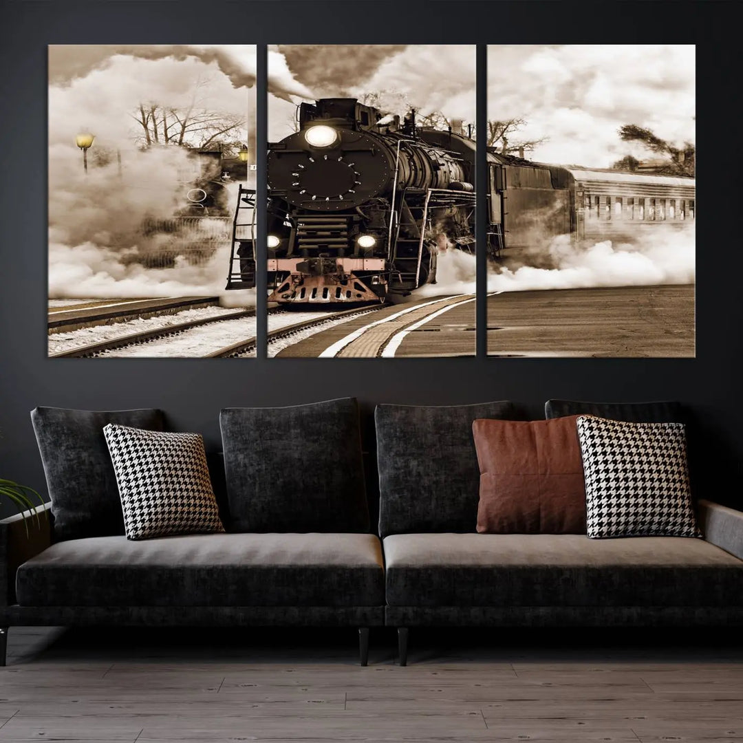 Black Steam Train Canvas Wall Art Print showcases a steam locomotive in a triptych design. This piece, expertly hand-assembled using museum-quality polycotton, offers an elegant enhancement to your space. Enjoy free shipping on this striking vintage train artwork.