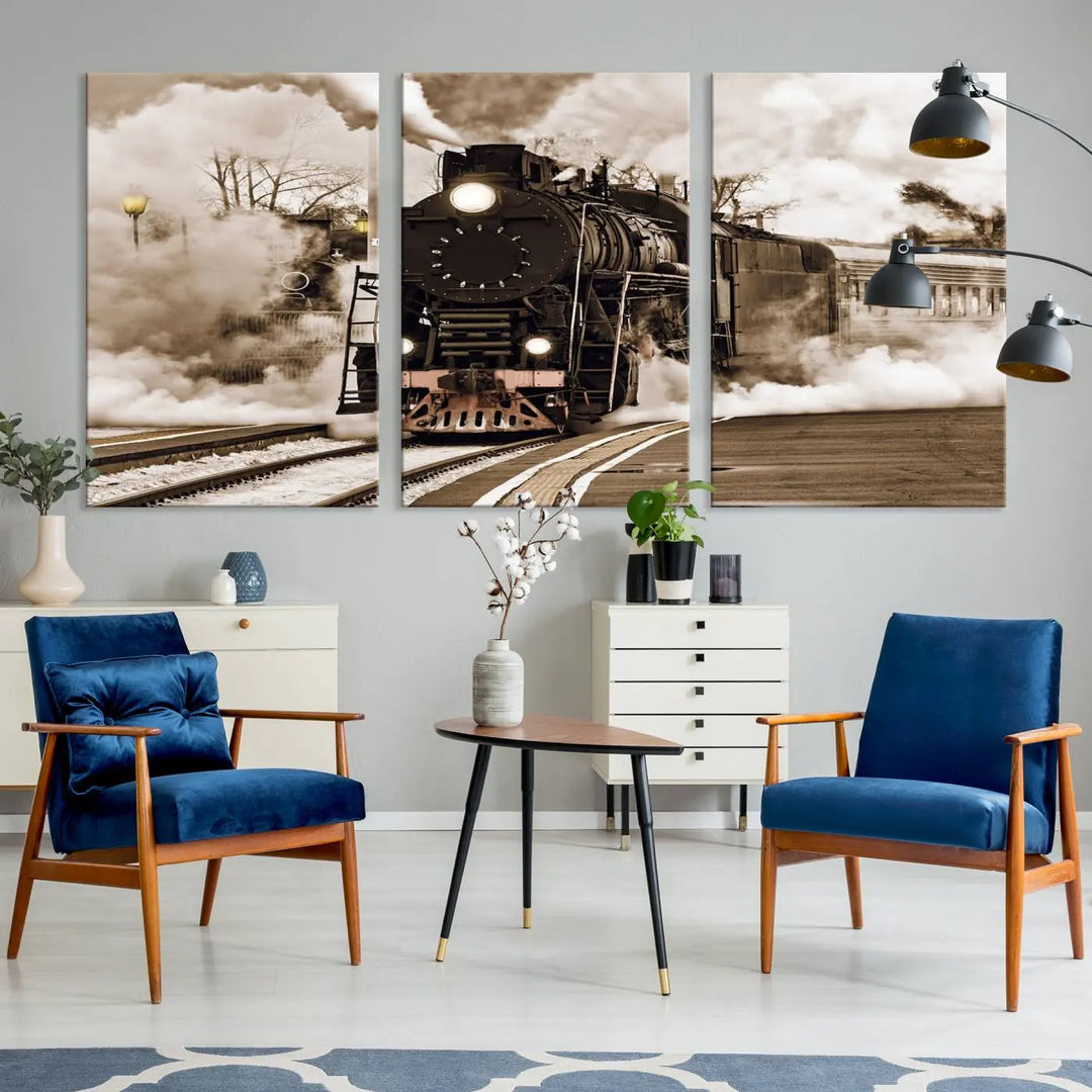 Black Steam Train Canvas Wall Art Print showcases a steam locomotive in a triptych design. This piece, expertly hand-assembled using museum-quality polycotton, offers an elegant enhancement to your space. Enjoy free shipping on this striking vintage train artwork.