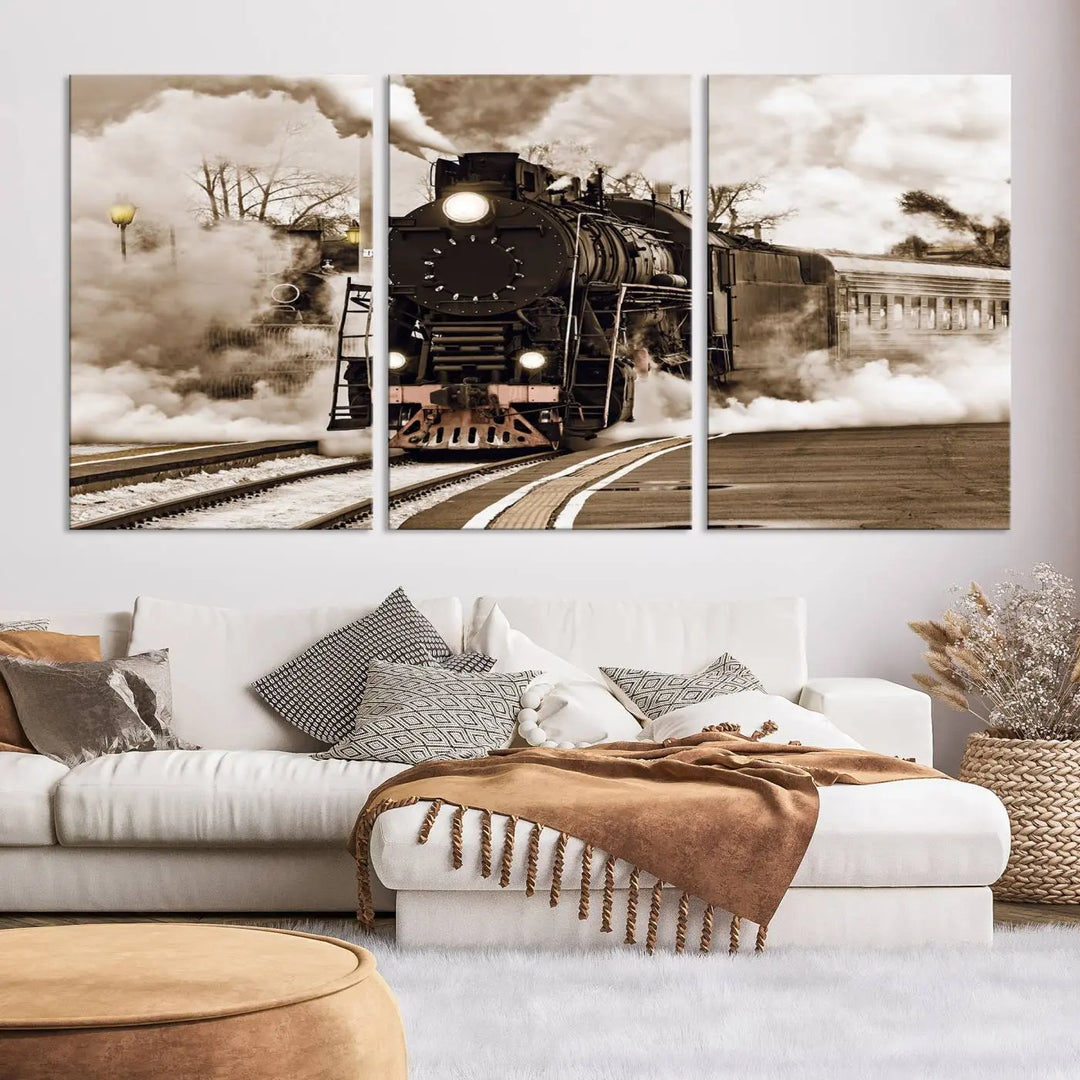 Black Steam Train Canvas Wall Art Print showcases a steam locomotive in a triptych design. This piece, expertly hand-assembled using museum-quality polycotton, offers an elegant enhancement to your space. Enjoy free shipping on this striking vintage train artwork.