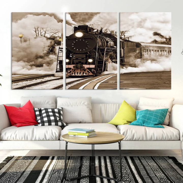 Black Steam Train Canvas Wall Art Print showcases a steam locomotive in a triptych design. This piece, expertly hand-assembled using museum-quality polycotton, offers an elegant enhancement to your space. Enjoy free shipping on this striking vintage train artwork.