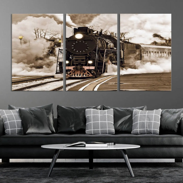 Black Steam Train Canvas Wall Art Print showcases a steam locomotive in a triptych design. This piece, expertly hand-assembled using museum-quality polycotton, offers an elegant enhancement to your space. Enjoy free shipping on this striking vintage train artwork.