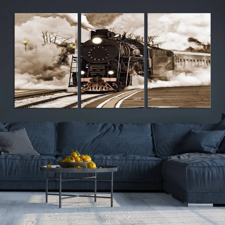 Black Steam Train Canvas Wall Art Print showcases a steam locomotive in a triptych design. This piece, expertly hand-assembled using museum-quality polycotton, offers an elegant enhancement to your space. Enjoy free shipping on this striking vintage train artwork.