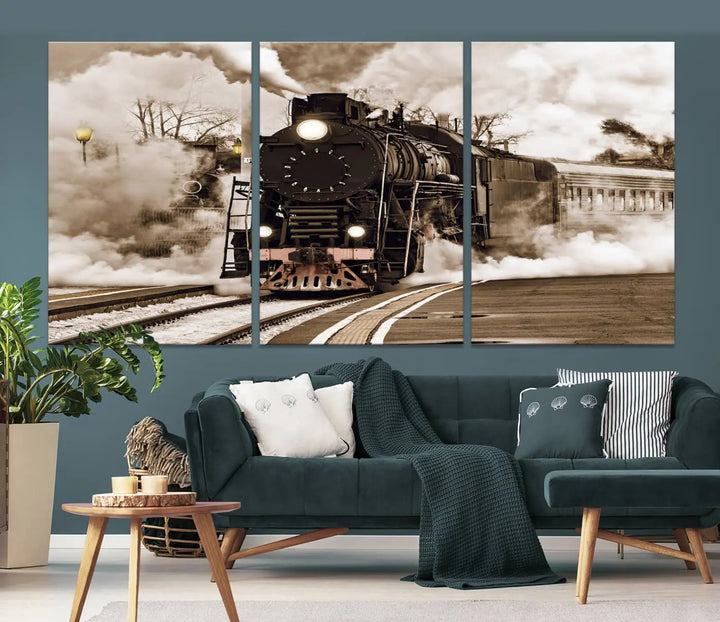 Black Steam Train Canvas Wall Art Print showcases a steam locomotive in a triptych design. This piece, expertly hand-assembled using museum-quality polycotton, offers an elegant enhancement to your space. Enjoy free shipping on this striking vintage train artwork.