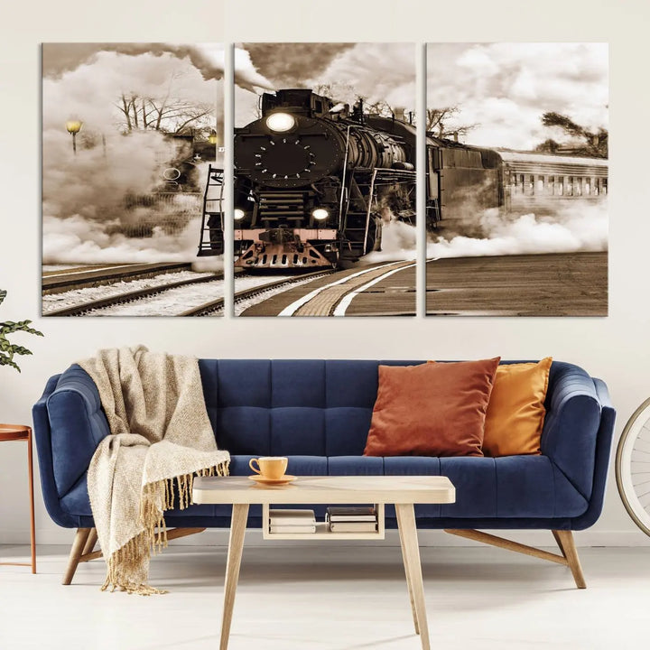 Black Steam Train Canvas Wall Art Print showcases a steam locomotive in a triptych design. This piece, expertly hand-assembled using museum-quality polycotton, offers an elegant enhancement to your space. Enjoy free shipping on this striking vintage train artwork.