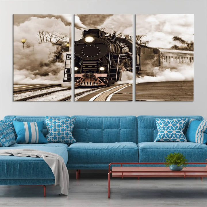 Black Steam Train Canvas Wall Art Print showcases a steam locomotive in a triptych design. This piece, expertly hand-assembled using museum-quality polycotton, offers an elegant enhancement to your space. Enjoy free shipping on this striking vintage train artwork.