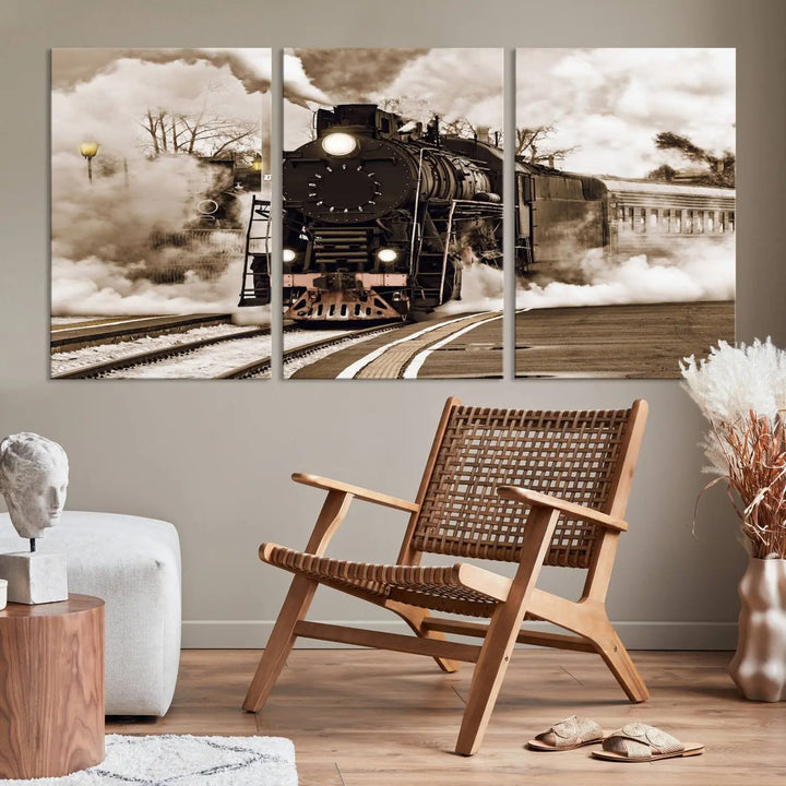 Black Steam Train Canvas Wall Art Print showcases a steam locomotive in a triptych design. This piece, expertly hand-assembled using museum-quality polycotton, offers an elegant enhancement to your space. Enjoy free shipping on this striking vintage train artwork.