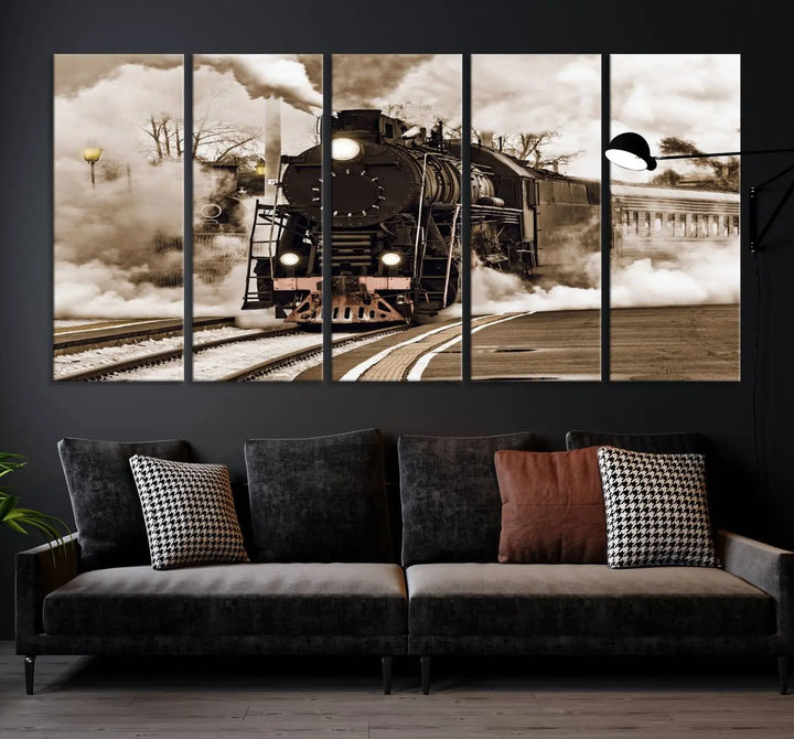 Black Steam Train Canvas Wall Art Print showcases a steam locomotive in a triptych design. This piece, expertly hand-assembled using museum-quality polycotton, offers an elegant enhancement to your space. Enjoy free shipping on this striking vintage train artwork.