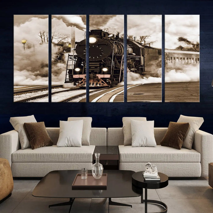 Black Steam Train Canvas Wall Art Print showcases a steam locomotive in a triptych design. This piece, expertly hand-assembled using museum-quality polycotton, offers an elegant enhancement to your space. Enjoy free shipping on this striking vintage train artwork.