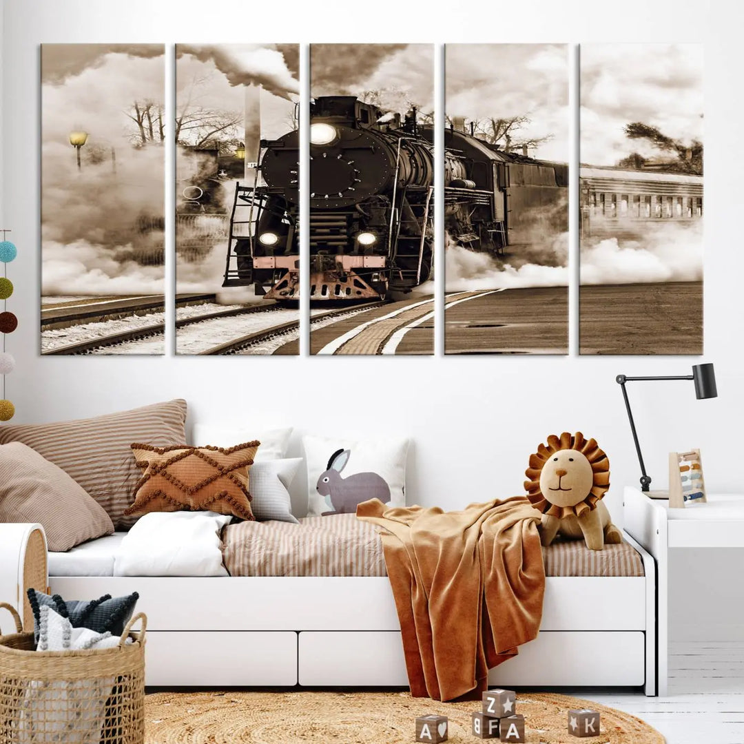 Black Steam Train Canvas Wall Art Print showcases a steam locomotive in a triptych design. This piece, expertly hand-assembled using museum-quality polycotton, offers an elegant enhancement to your space. Enjoy free shipping on this striking vintage train artwork.