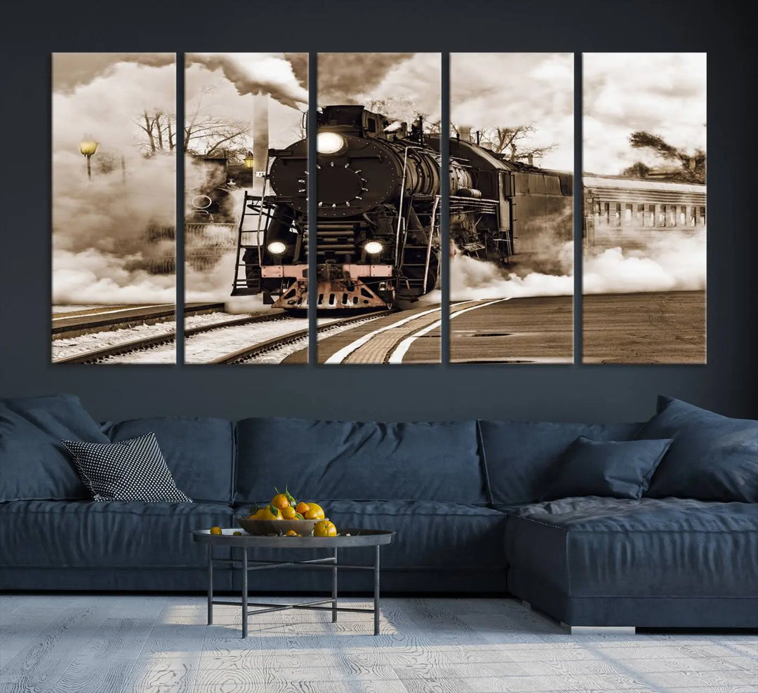 Black Steam Train Canvas Wall Art Print showcases a steam locomotive in a triptych design. This piece, expertly hand-assembled using museum-quality polycotton, offers an elegant enhancement to your space. Enjoy free shipping on this striking vintage train artwork.