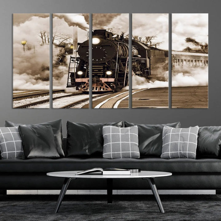 Black Steam Train Canvas Wall Art Print showcases a steam locomotive in a triptych design. This piece, expertly hand-assembled using museum-quality polycotton, offers an elegant enhancement to your space. Enjoy free shipping on this striking vintage train artwork.