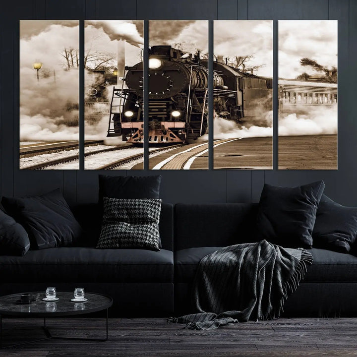 Black Steam Train Canvas Wall Art Print showcases a steam locomotive in a triptych design. This piece, expertly hand-assembled using museum-quality polycotton, offers an elegant enhancement to your space. Enjoy free shipping on this striking vintage train artwork.