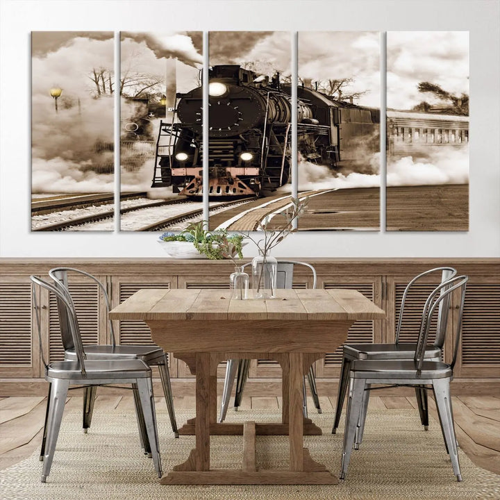 Black Steam Train Canvas Wall Art Print showcases a steam locomotive in a triptych design. This piece, expertly hand-assembled using museum-quality polycotton, offers an elegant enhancement to your space. Enjoy free shipping on this striking vintage train artwork.