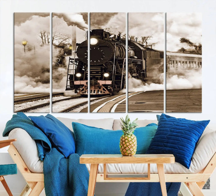 Black Steam Train Canvas Wall Art Print showcases a steam locomotive in a triptych design. This piece, expertly hand-assembled using museum-quality polycotton, offers an elegant enhancement to your space. Enjoy free shipping on this striking vintage train artwork.