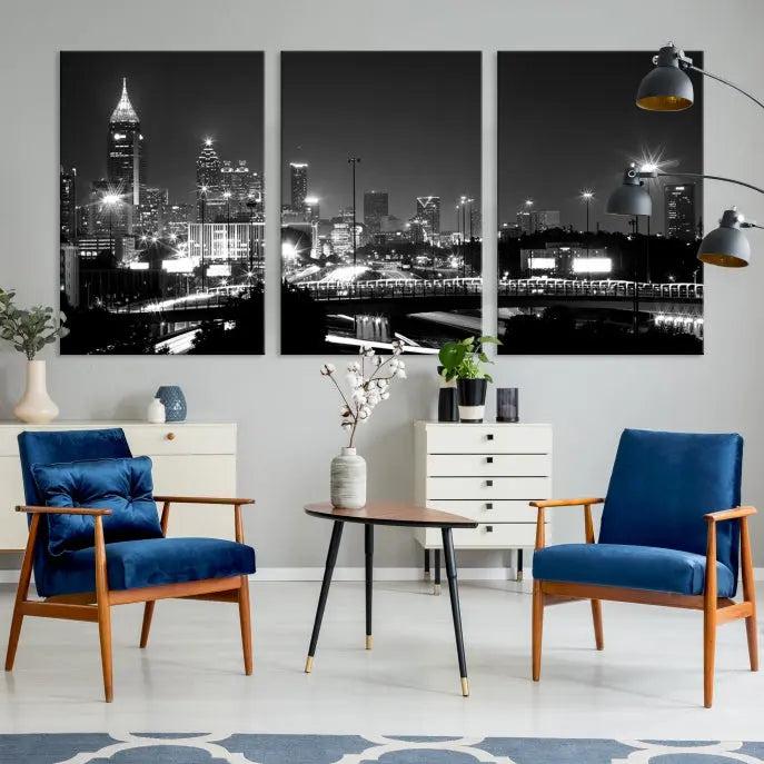 The living room features the striking Black White Atlanta Wall Art Cityscape Canvas Print on the wall. This gallery-wrapped artwork is beautifully displayed on museum-quality canvas, complete with a UV-protective coating to maintain its allure.