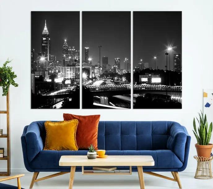 The living room features the striking Black White Atlanta Wall Art Cityscape Canvas Print on the wall. This gallery-wrapped artwork is beautifully displayed on museum-quality canvas, complete with a UV-protective coating to maintain its allure.