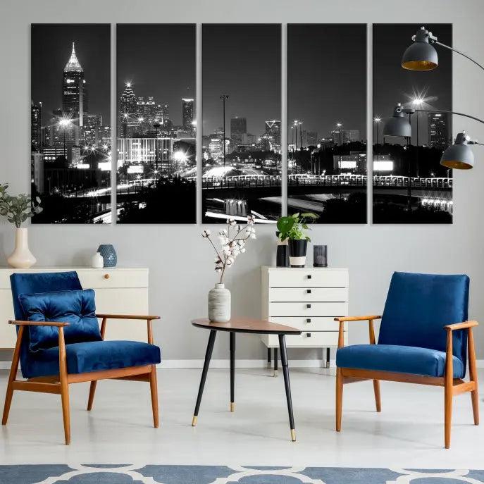 The living room features the striking Black White Atlanta Wall Art Cityscape Canvas Print on the wall. This gallery-wrapped artwork is beautifully displayed on museum-quality canvas, complete with a UV-protective coating to maintain its allure.