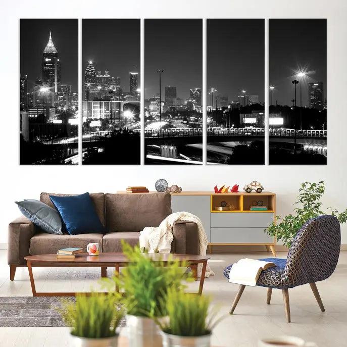 The living room features the striking Black White Atlanta Wall Art Cityscape Canvas Print on the wall. This gallery-wrapped artwork is beautifully displayed on museum-quality canvas, complete with a UV-protective coating to maintain its allure.