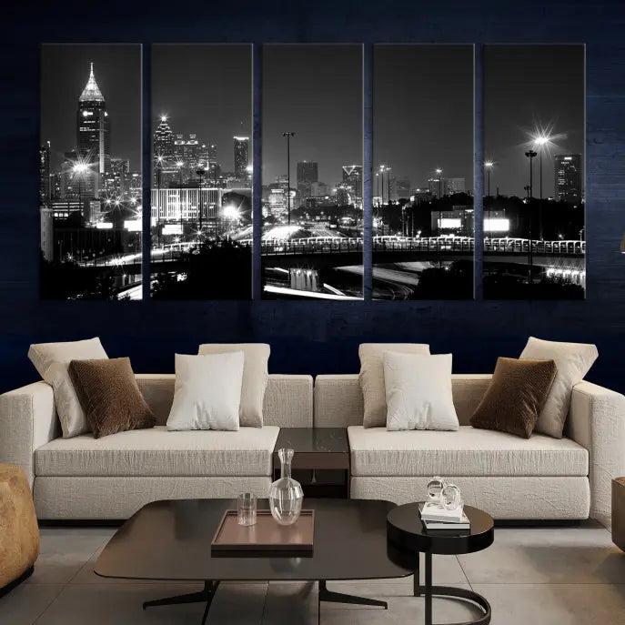 The living room features the striking Black White Atlanta Wall Art Cityscape Canvas Print on the wall. This gallery-wrapped artwork is beautifully displayed on museum-quality canvas, complete with a UV-protective coating to maintain its allure.