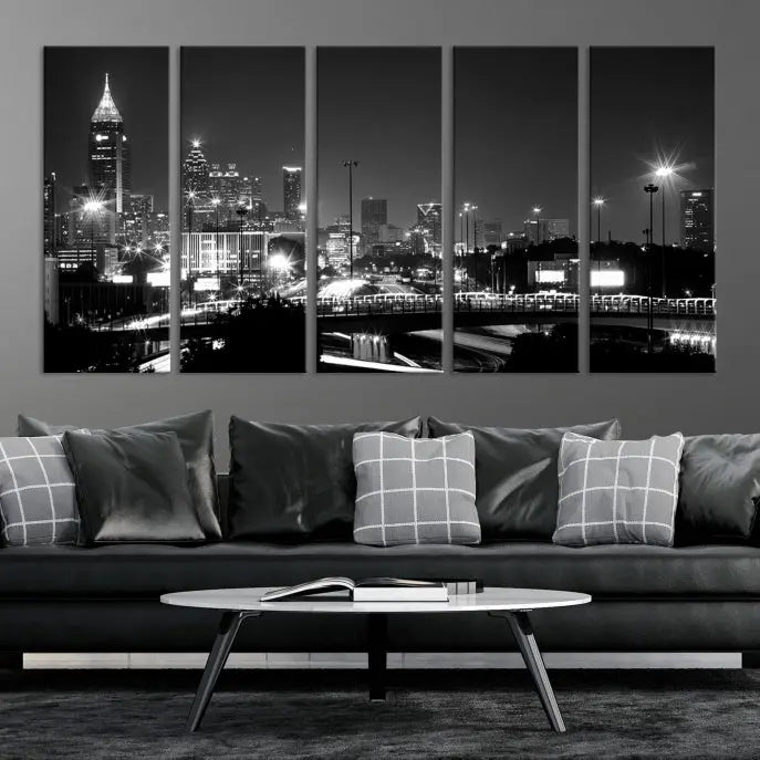 The living room features the striking Black White Atlanta Wall Art Cityscape Canvas Print on the wall. This gallery-wrapped artwork is beautifully displayed on museum-quality canvas, complete with a UV-protective coating to maintain its allure.