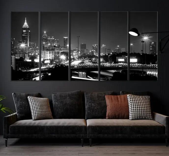 The living room features the striking Black White Atlanta Wall Art Cityscape Canvas Print on the wall. This gallery-wrapped artwork is beautifully displayed on museum-quality canvas, complete with a UV-protective coating to maintain its allure.