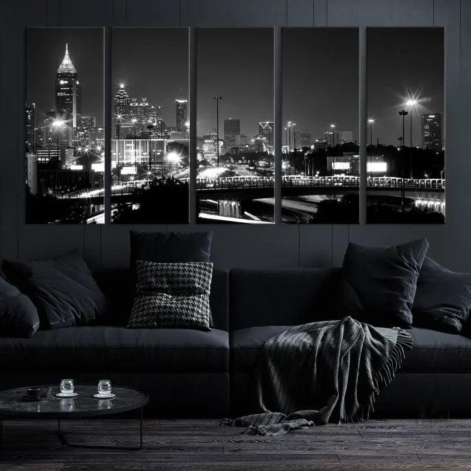 The living room features the striking Black White Atlanta Wall Art Cityscape Canvas Print on the wall. This gallery-wrapped artwork is beautifully displayed on museum-quality canvas, complete with a UV-protective coating to maintain its allure.