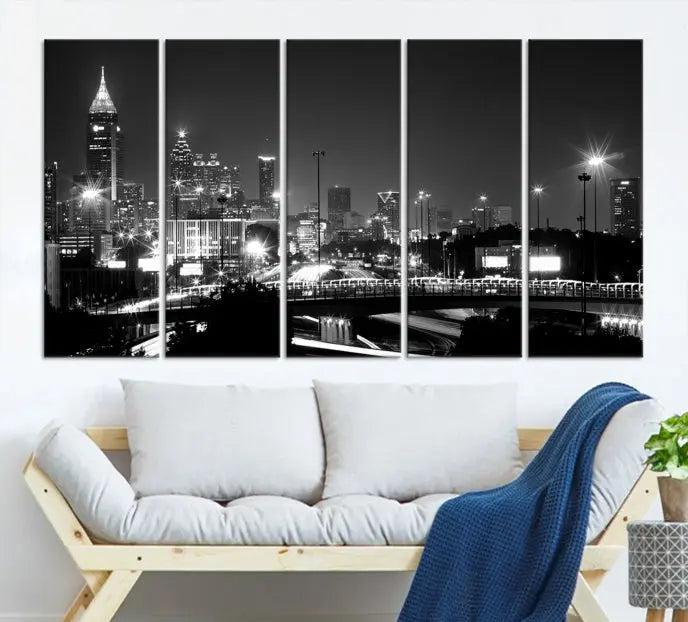 The living room features the striking Black White Atlanta Wall Art Cityscape Canvas Print on the wall. This gallery-wrapped artwork is beautifully displayed on museum-quality canvas, complete with a UV-protective coating to maintain its allure.